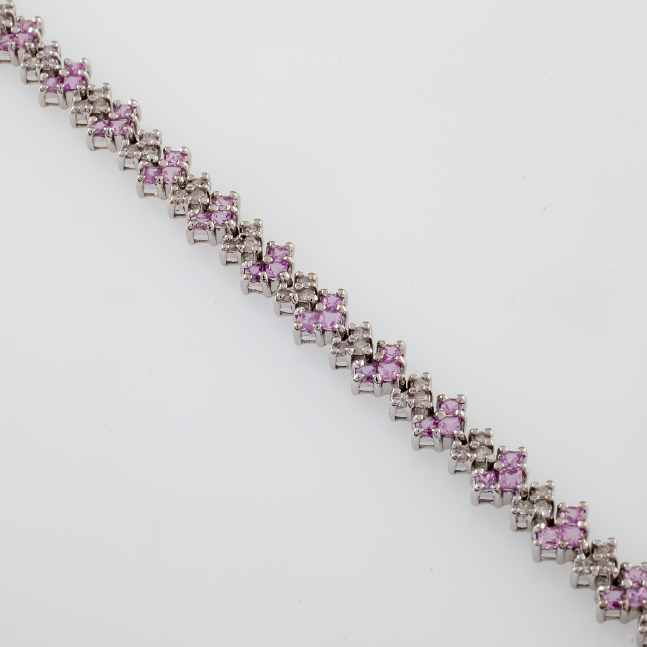 Round Cut 10k White Gold Diamond and Pink Amethyst Tennis Bracelet TDW = 8.28 ct For Sale