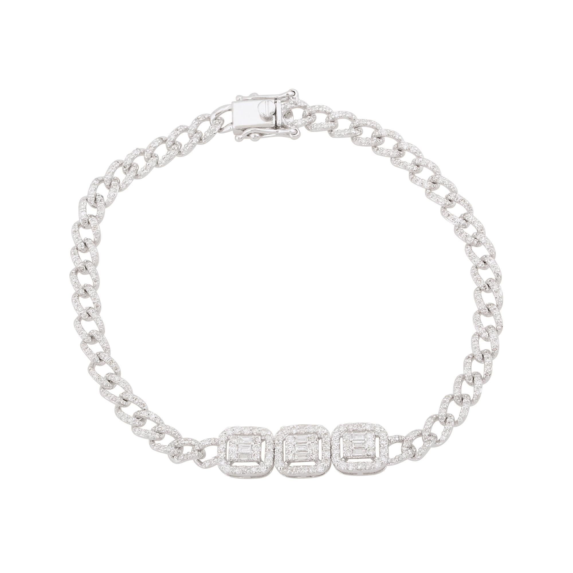 Bracelet à maillons cubains en or blanc 10 carats avec diamants baguettes ronds Pour femmes en vente