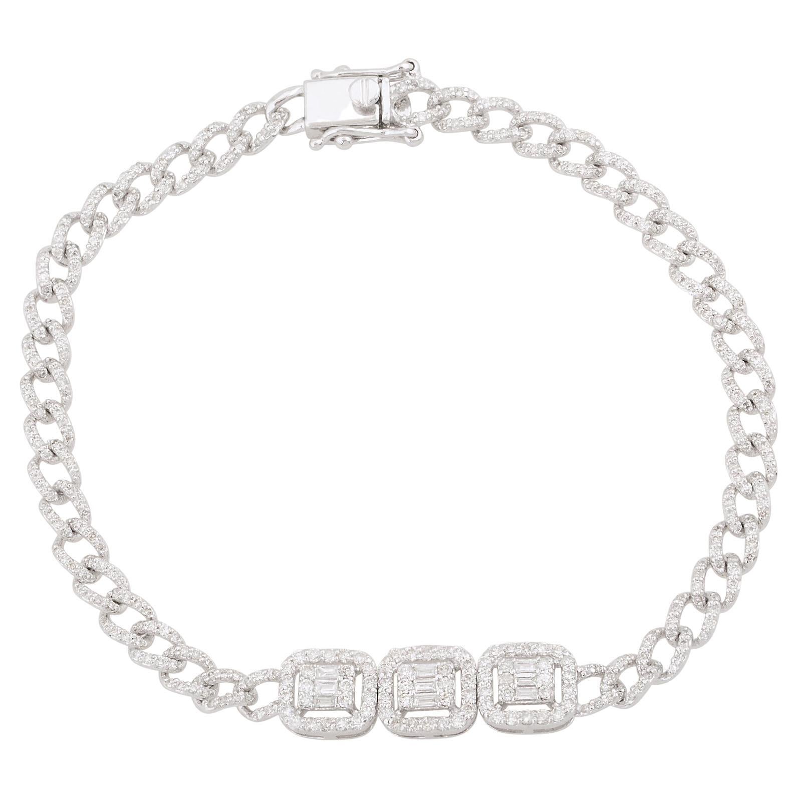Bracelet à maillons cubains en or blanc 10 carats avec diamants baguettes ronds en vente