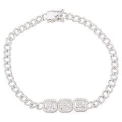 10k White Gold Diamond Baguette Round Diamond Charm Bracelet Cuban Link Jewelry