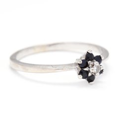 10k White Gold, Diamond & Blue Sapphire Flower Stackable Ring, Stacking Ring, Se