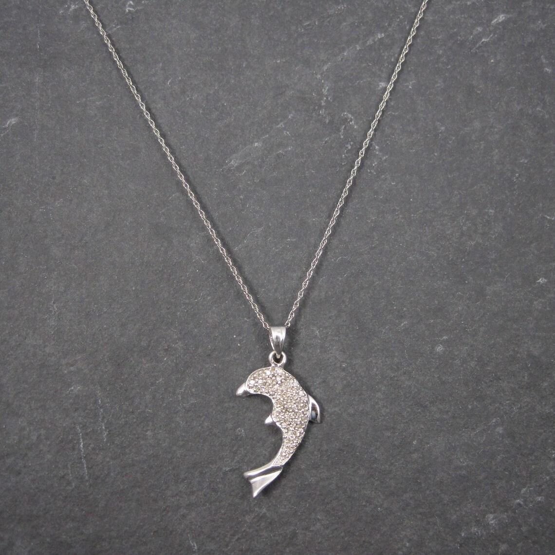 Modern 10K White Gold Diamond Dolphin Pendant Necklace For Sale