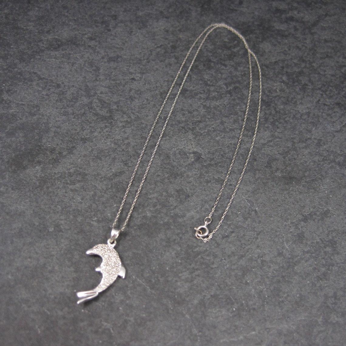 Women's 10K White Gold Diamond Dolphin Pendant Necklace For Sale