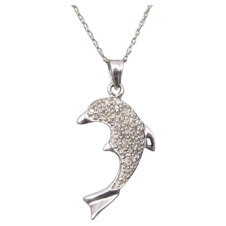 10K White Gold Diamond Dolphin Pendant Necklace