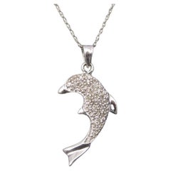 Vintage 10K White Gold Diamond Dolphin Pendant Necklace