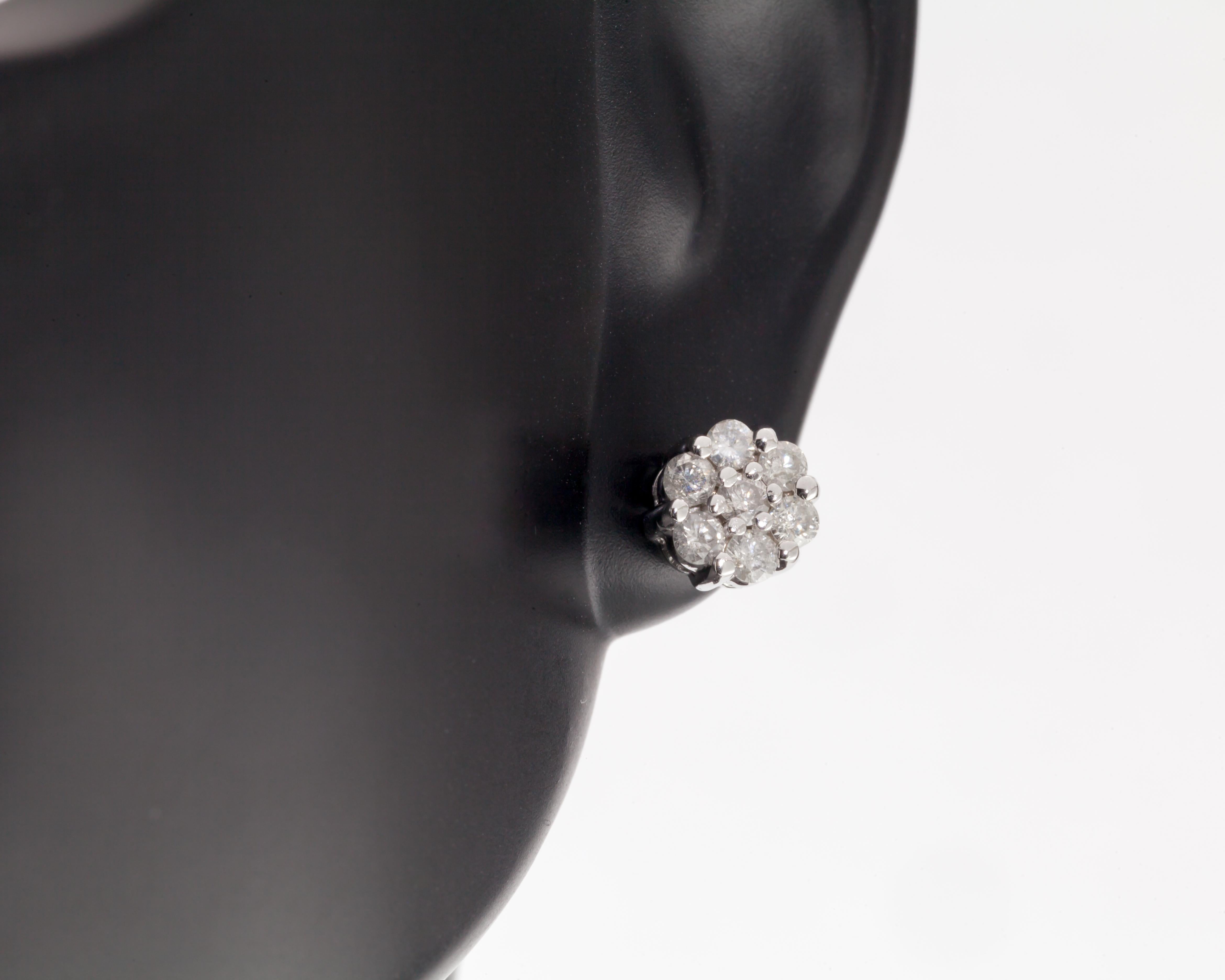 Round Cut 10k White Gold Diamond Floret Stud Earrings W/ Butterfly Backs, Apx. 0.56 Carat For Sale