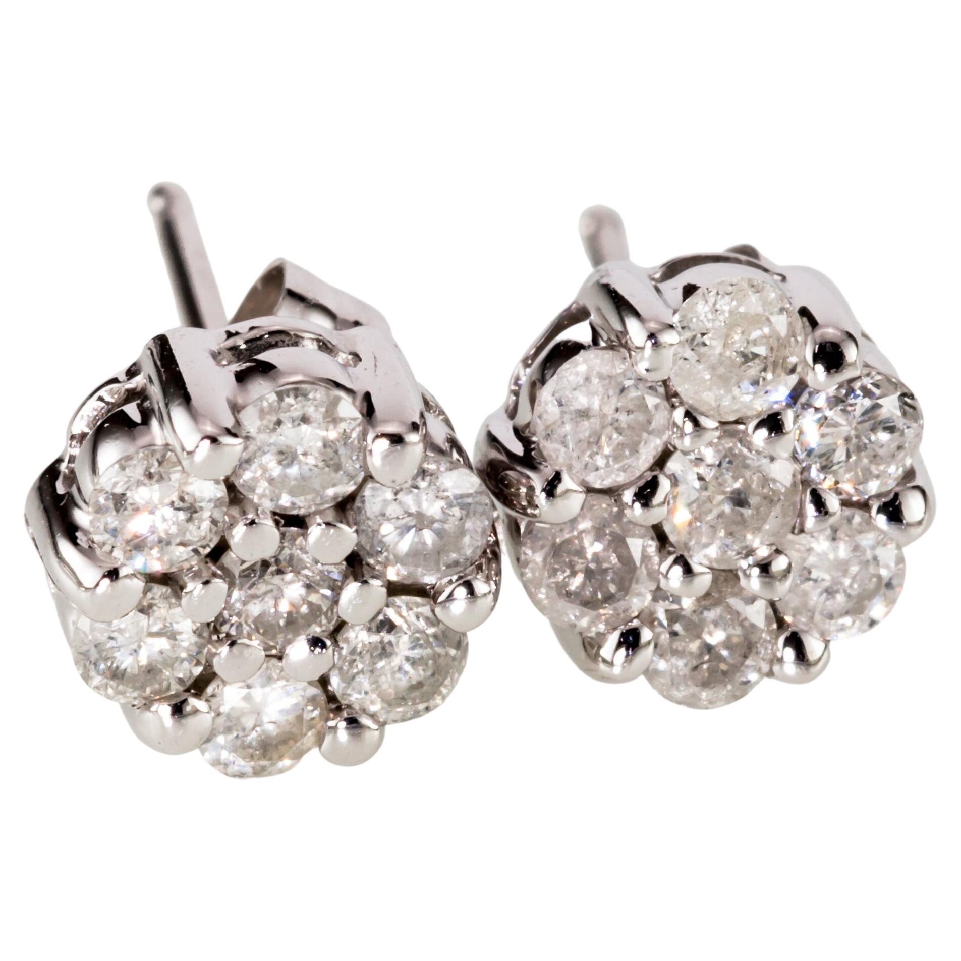 10k White Gold Diamond Floret Stud Earrings W/ Butterfly Backs, Apx. 0.56 Carat For Sale