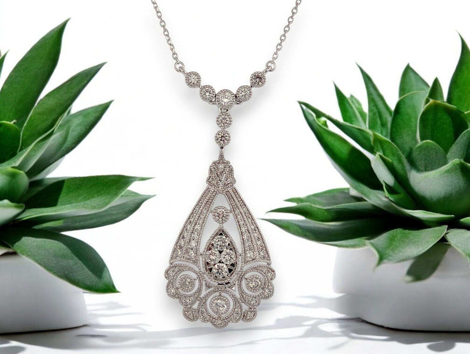 Art Deco Fiora  10k White Gold Diamond Pendant Necklace with .88 CTW Natural Diamonds For Sale