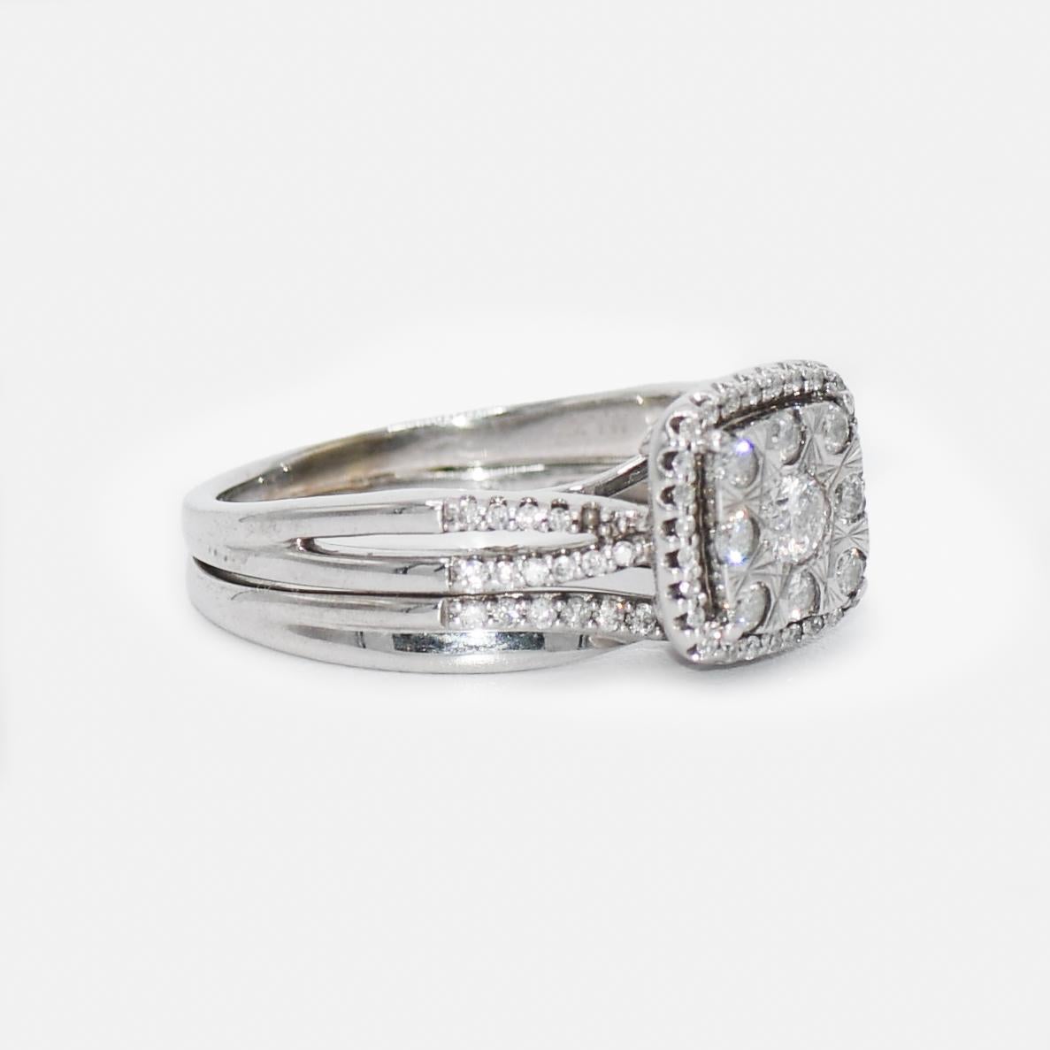 10k White Gold Diamond Ring 0.40tdw, 5.5g
Ladies diamond cocktail ring with 10k white gold setting.
Stamped 10k and weighs 5.5 grams. 
The diamonds are round brilliant cuts, approximately .40 total carats, i to j color, Si to i1 clarity.
Ring size