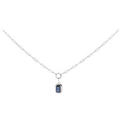 Collier pendentif solitaire en or blanc 10K, taille émeraude, saphir bleu 6x4 MM
