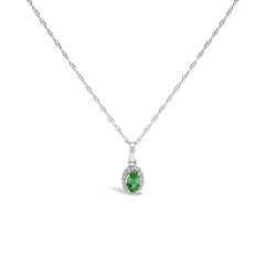 10K White Gold Gemstone and Diamond Accent Halo Oval Shape 18" Pendant Necklace
