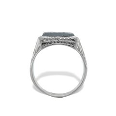 10K White Gold Hand Engraved Men's Hematite Intaglio Ring Size 10.25
