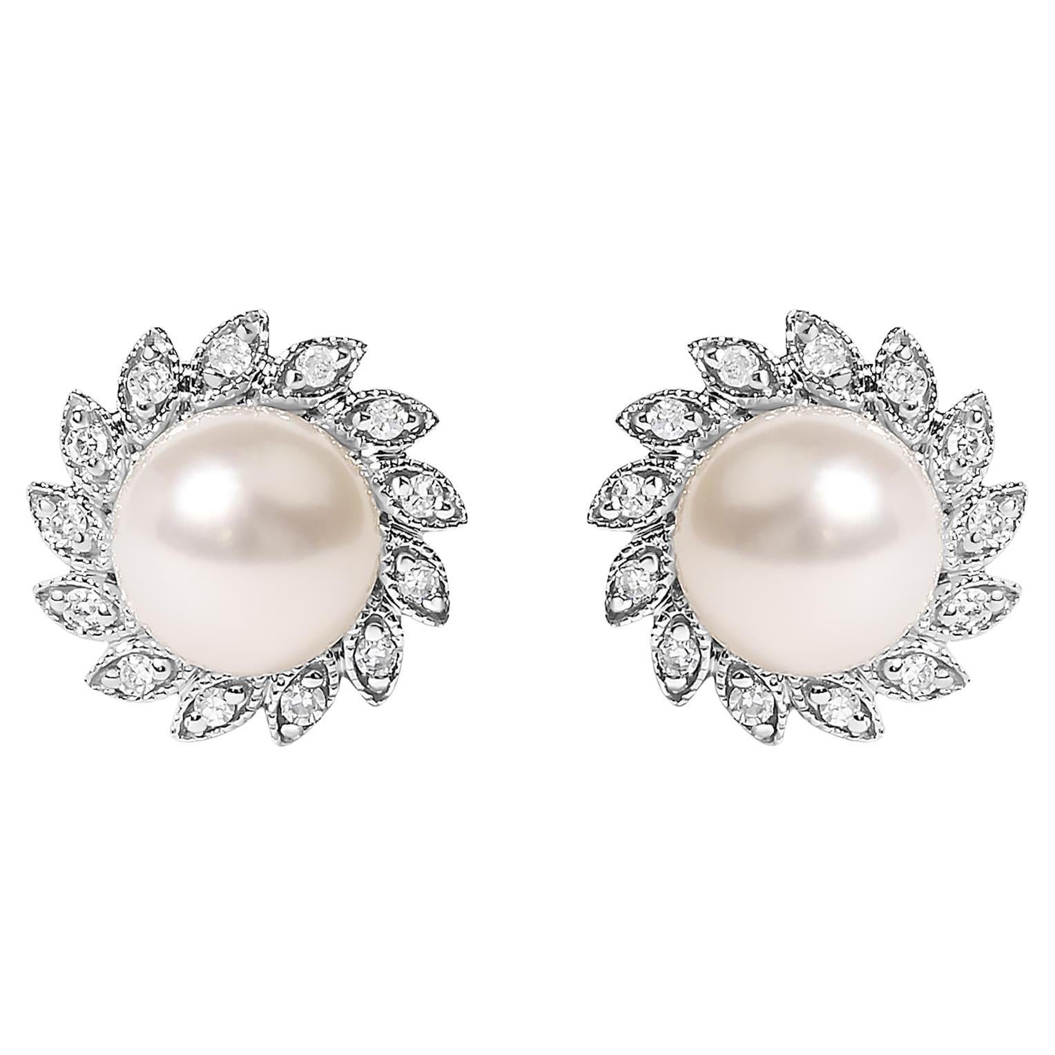 Orecchini a lobo con perle e diamanti in oro bianco 10 carati, stile cimelio
