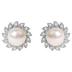 10K White Gold Heirloom-Style Pearl and Diamond Accent Halo Stud Earrings