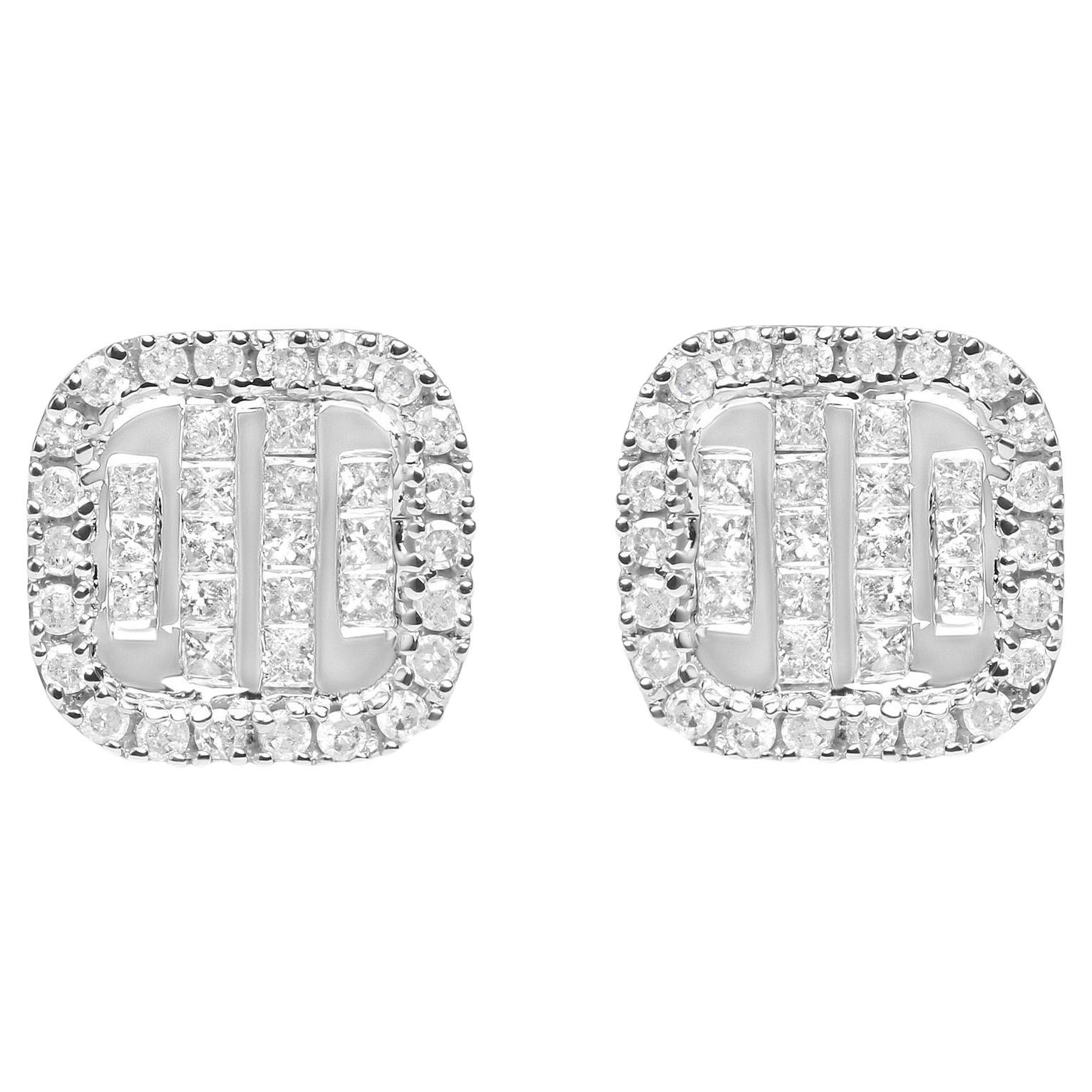 Pendientes de oro blanco de 10 quilates con diamante compuesto y halo en engaste invisible de 1/2 qt