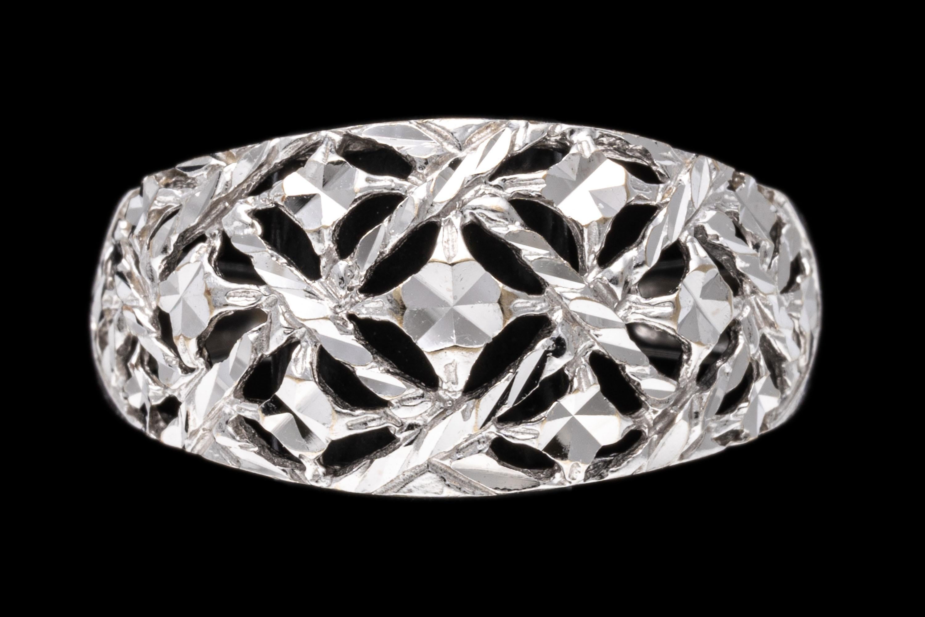 10k White Gold Lattice Style Diamond Cut Dome Ring For Sale 2