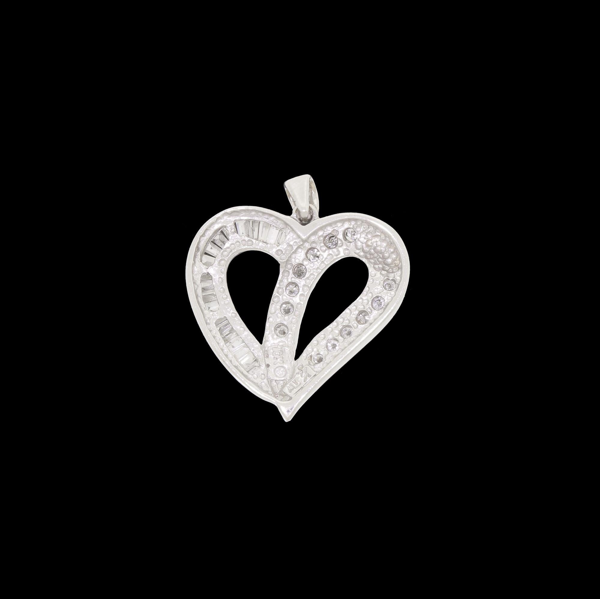 Modern 10K White Gold Love Heart Pendant For Necklace Baguette & Round Diamond 1/2 CTW For Sale