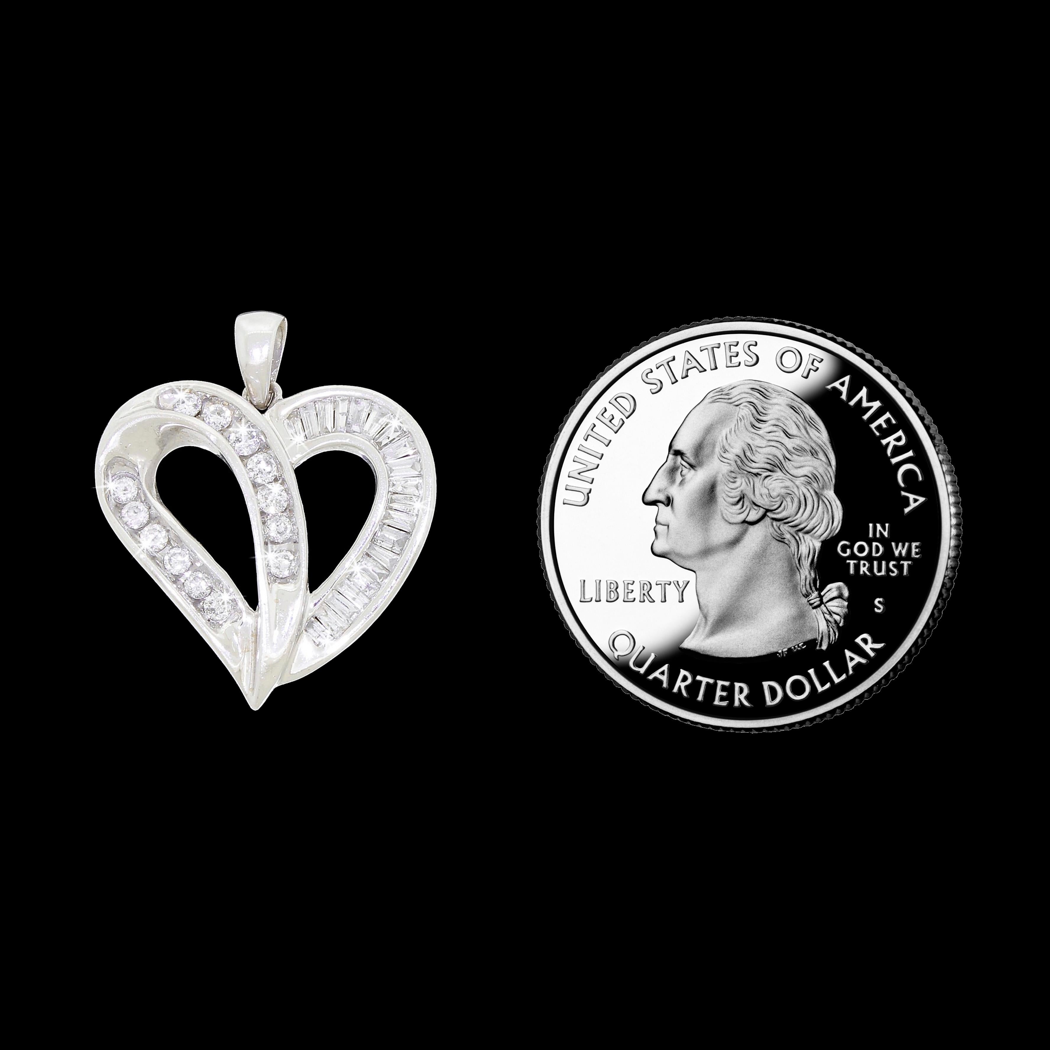 Round Cut 10K White Gold Love Heart Pendant For Necklace Baguette & Round Diamond 1/2 CTW For Sale