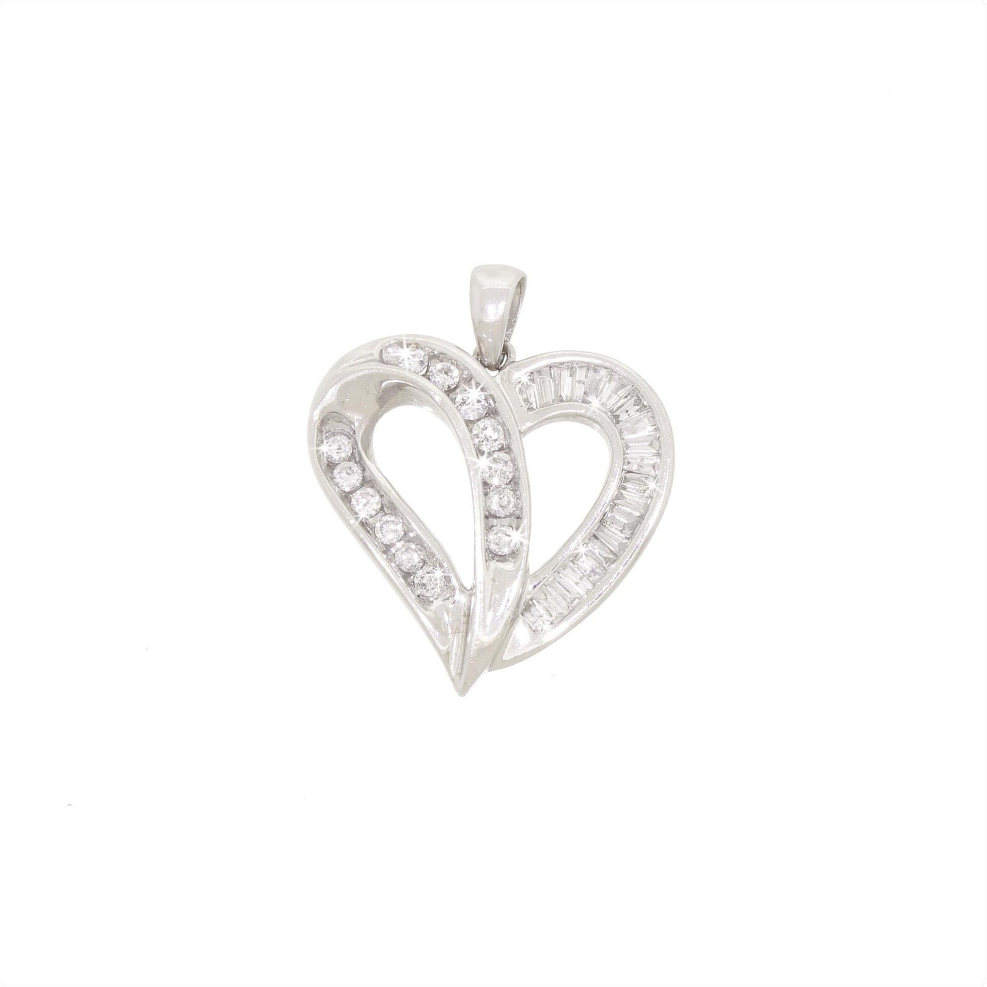 Women's 10K White Gold Love Heart Pendant For Necklace Baguette & Round Diamond 1/2 CTW For Sale