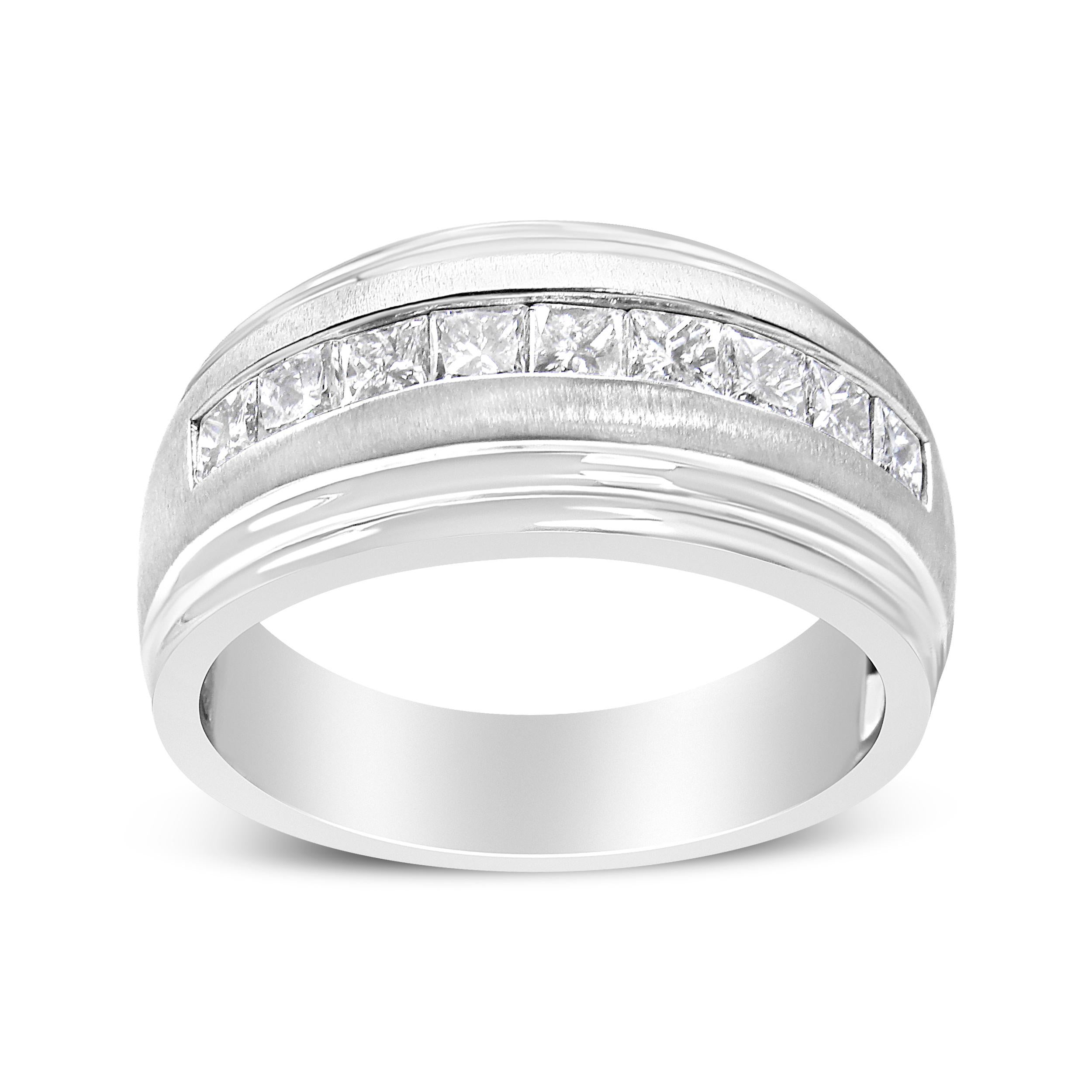 Say your vows as you slip this stunning certified diamond wedding band onto his finger. Crafted in 10K white gold, this sleek design features nine princess cut diamonds - each with a color rank of H-I and clarity of I1-I2 - channel-set in between