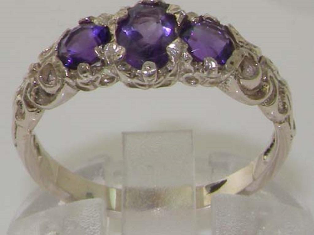 For Sale:  10k White Gold Natural Amethyst Victorian Inspired Trilogy Ring Customizable 2