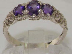 10k White Gold Natural Amethyst Victorian Inspired Trilogy Ring Customizable