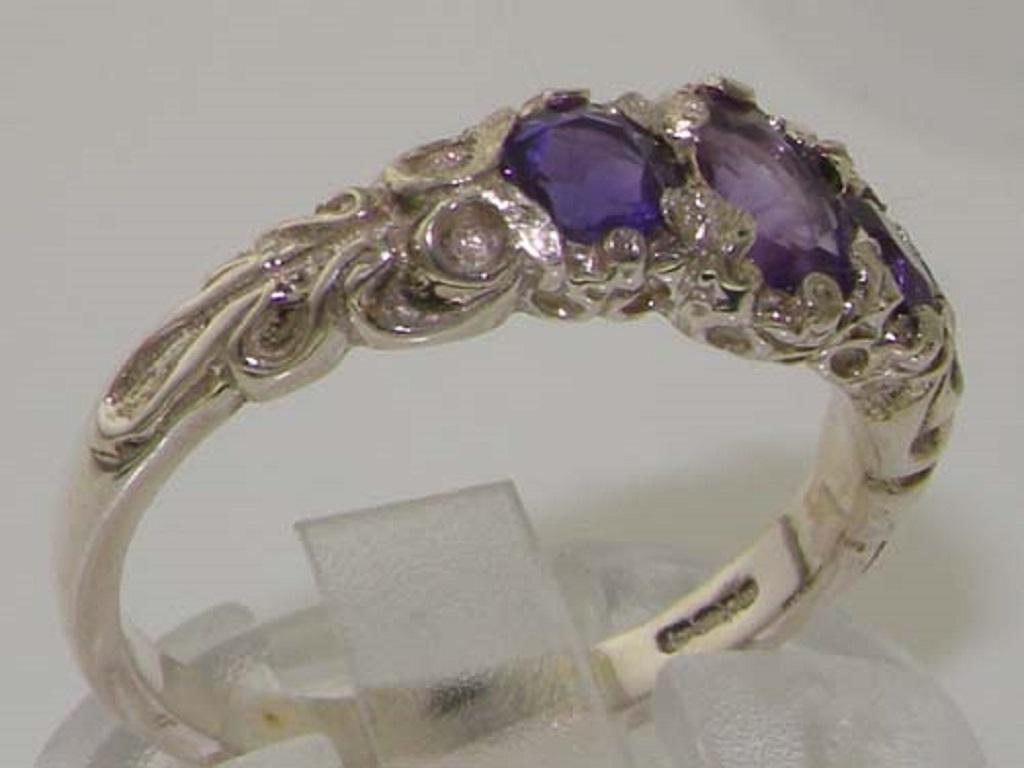 For Sale:  10k White Gold Natural Amethyst Victorian Inspired Trilogy Ring Customizable 3