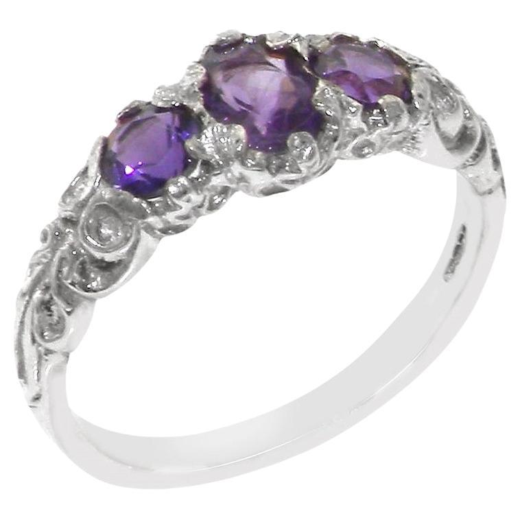 10k White Gold Natural Amethyst Victorian Inspired Trilogy Ring Customizable