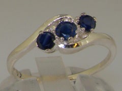 10k White Gold Natural Blue Sapphire Trilogy Ring, Modern Design Customizable