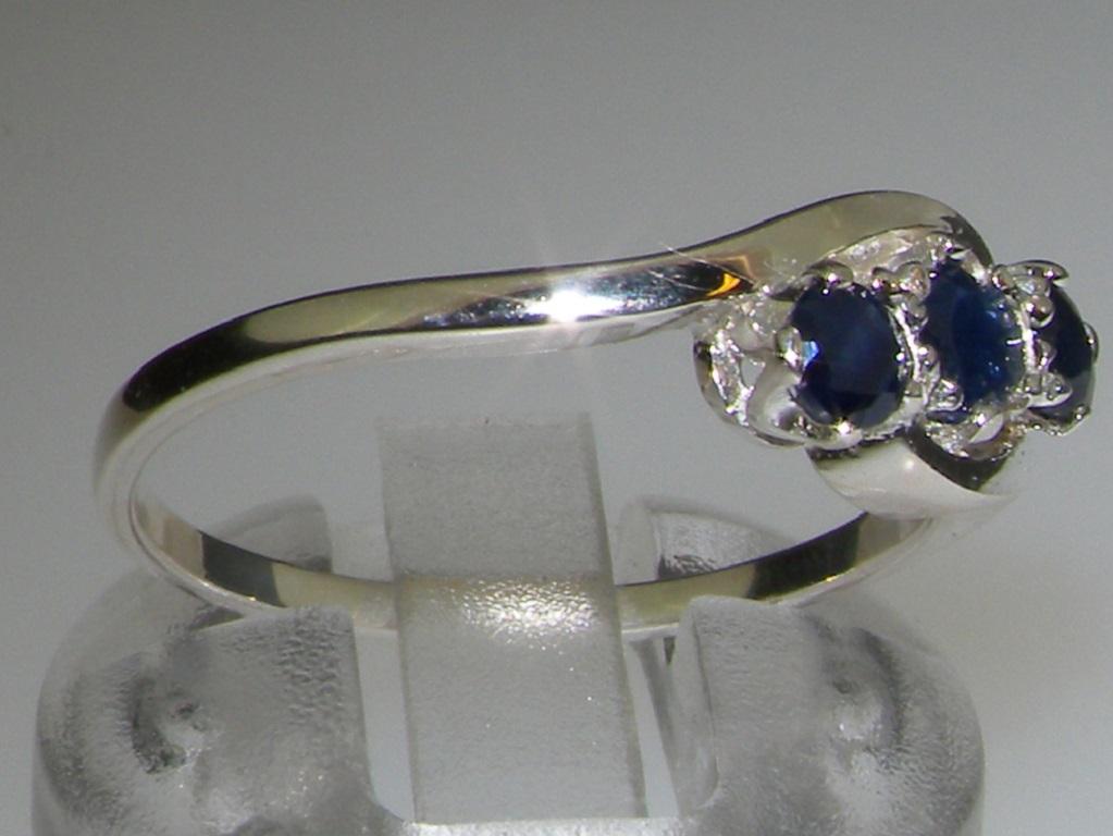 For Sale:  10k White Gold Natural Blue Sapphire Trilogy Ring, Modern Design Customizable 3