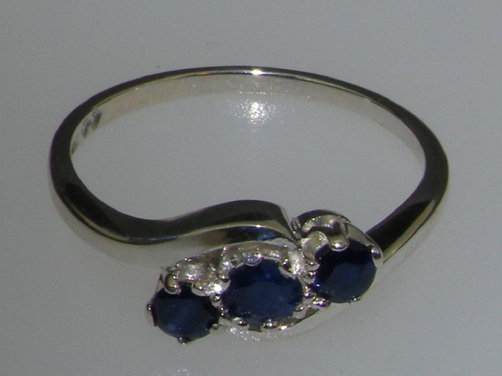 For Sale:  10k White Gold Natural Blue Sapphire Trilogy Ring, Modern Design Customizable 5