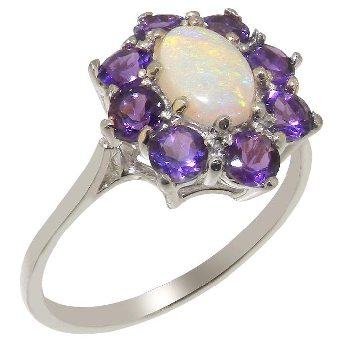 10k White Gold Natural Opal & Amethyst Womens Cluster Ring, Customizable