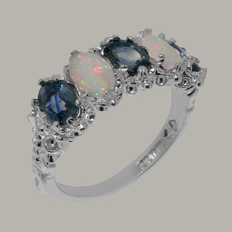 For Sale:  10k White Gold Natural Sapphire & Opal Womens Eternity Ring Customizable 2