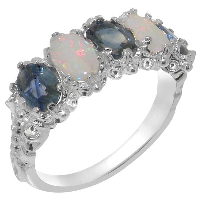 For Sale:  10k White Gold Natural Sapphire & Opal Womens Eternity Ring Customizable