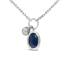 10K White Gold Oval Blue Sapphire and Diamond Double Charm 18" Pendant Necklace