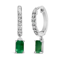 10K White Gold Oval Green Emerald and 1/8 Cttw Diamond Drop Earrings