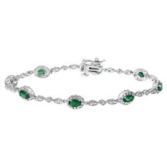 10K Weißgold Ovaler Grüner Smaragd & Diamant Abwechselndes A Link-Armband