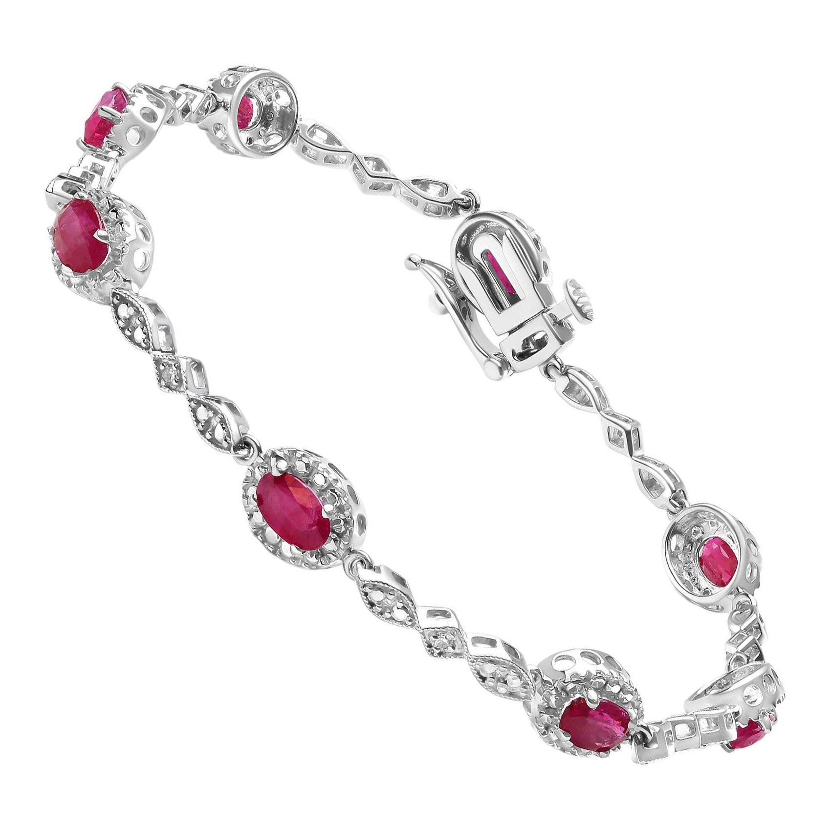 10k White Gold Oval Ruby and Diamond Link Bracelet For Sale