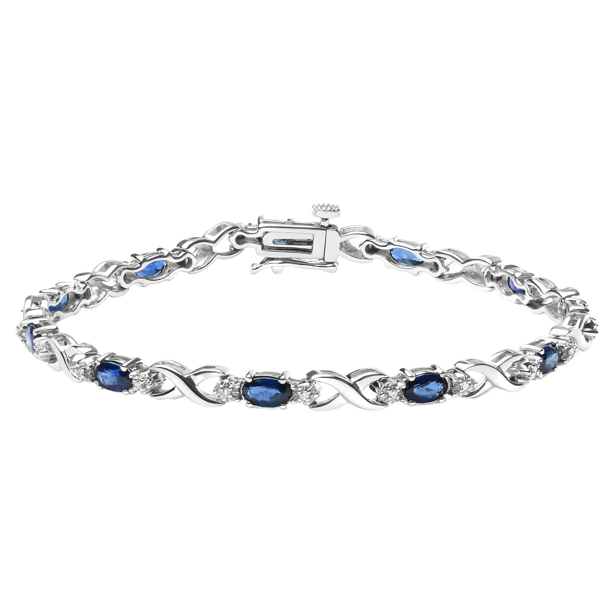 10k White Gold Oval Sapphire Gemstone and 1/10 Carat Diamond "x" Link Bracelet For Sale