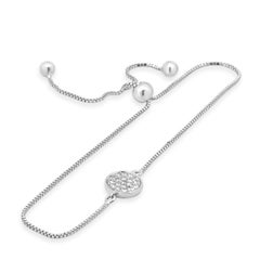 10K White Gold Pave Diamond Disc Station Adjustable Bracelet 6.5-8.5"