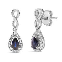 10K White Gold Pear Cut Blue Sapphire 1/7 Cttw Diamond Infinity Dangle Earrings