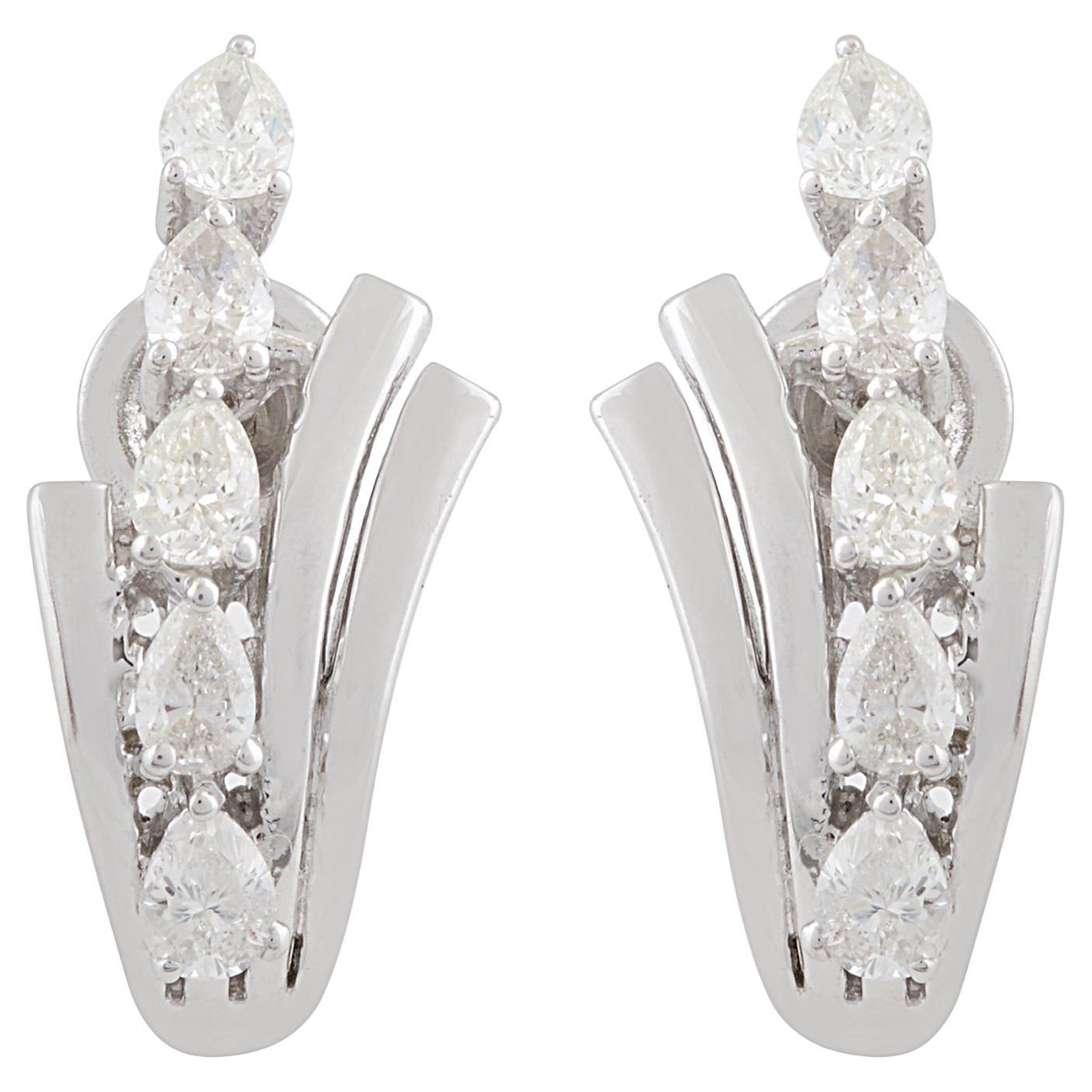 0.72Ct Pear Shape Diamond 10K White Gold Graduated Statement Hoop Earrings For Sale