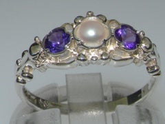 10k White Gold Pearl & Amethyst Womens Trilogy Ring - Customizable