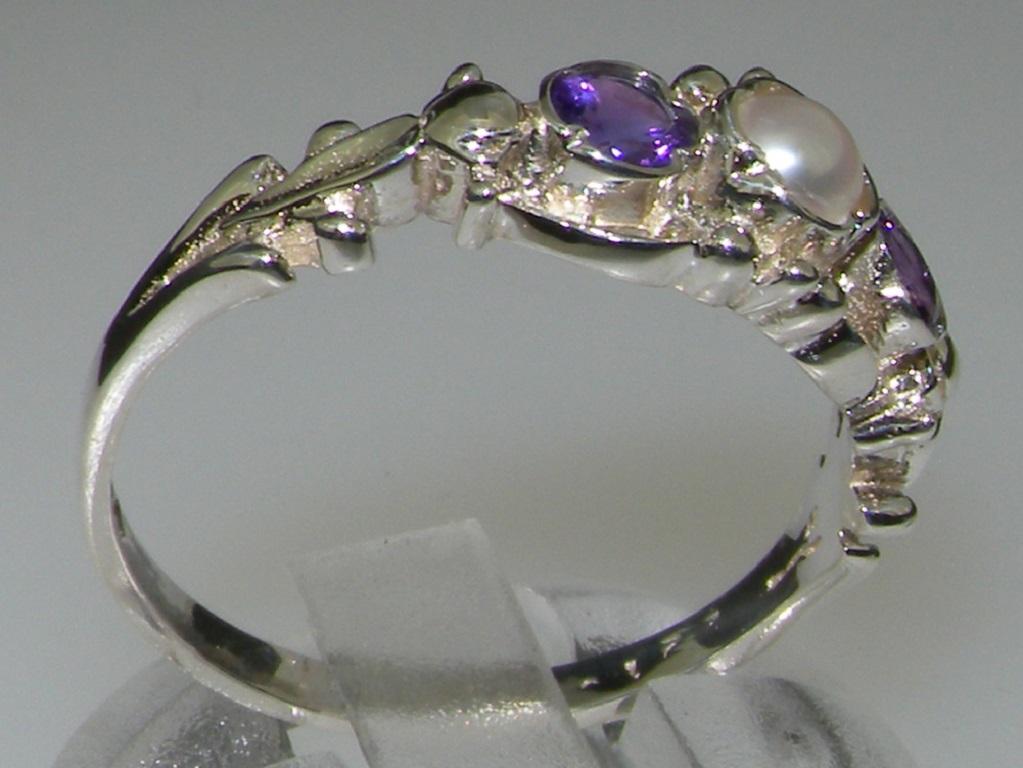 For Sale:  10k White Gold Pearl & Amethyst Womens Trilogy Ring - Customizable  3