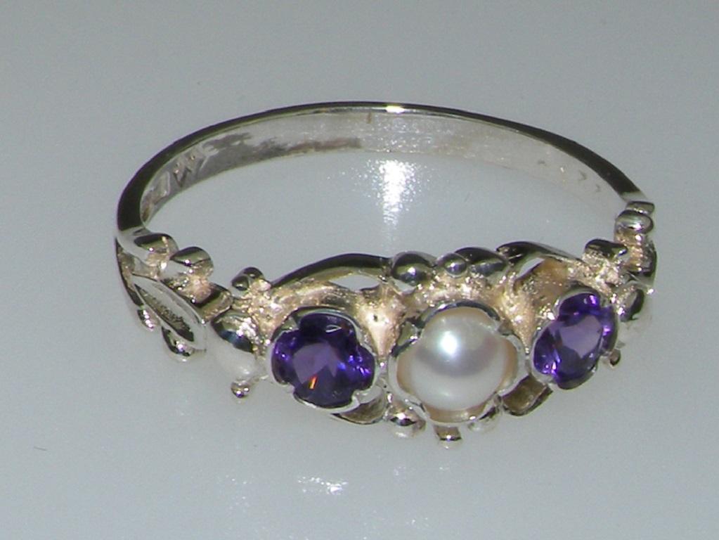 For Sale:  10k White Gold Pearl & Amethyst Womens Trilogy Ring - Customizable  5