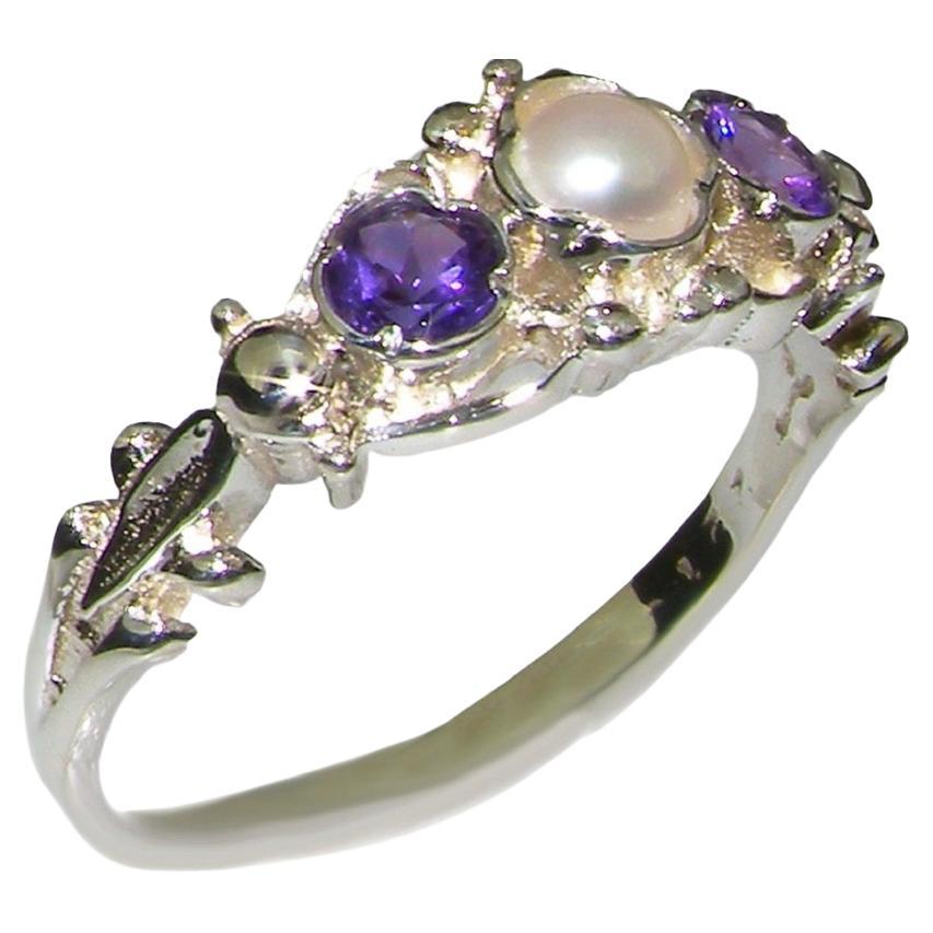 10k White Gold Pearl & Amethyst Womens Trilogy Ring - Customizable 