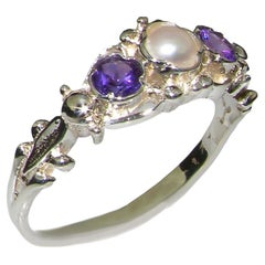 10k White Gold Pearl & Amethyst Womens Trilogy Ring - Customizable