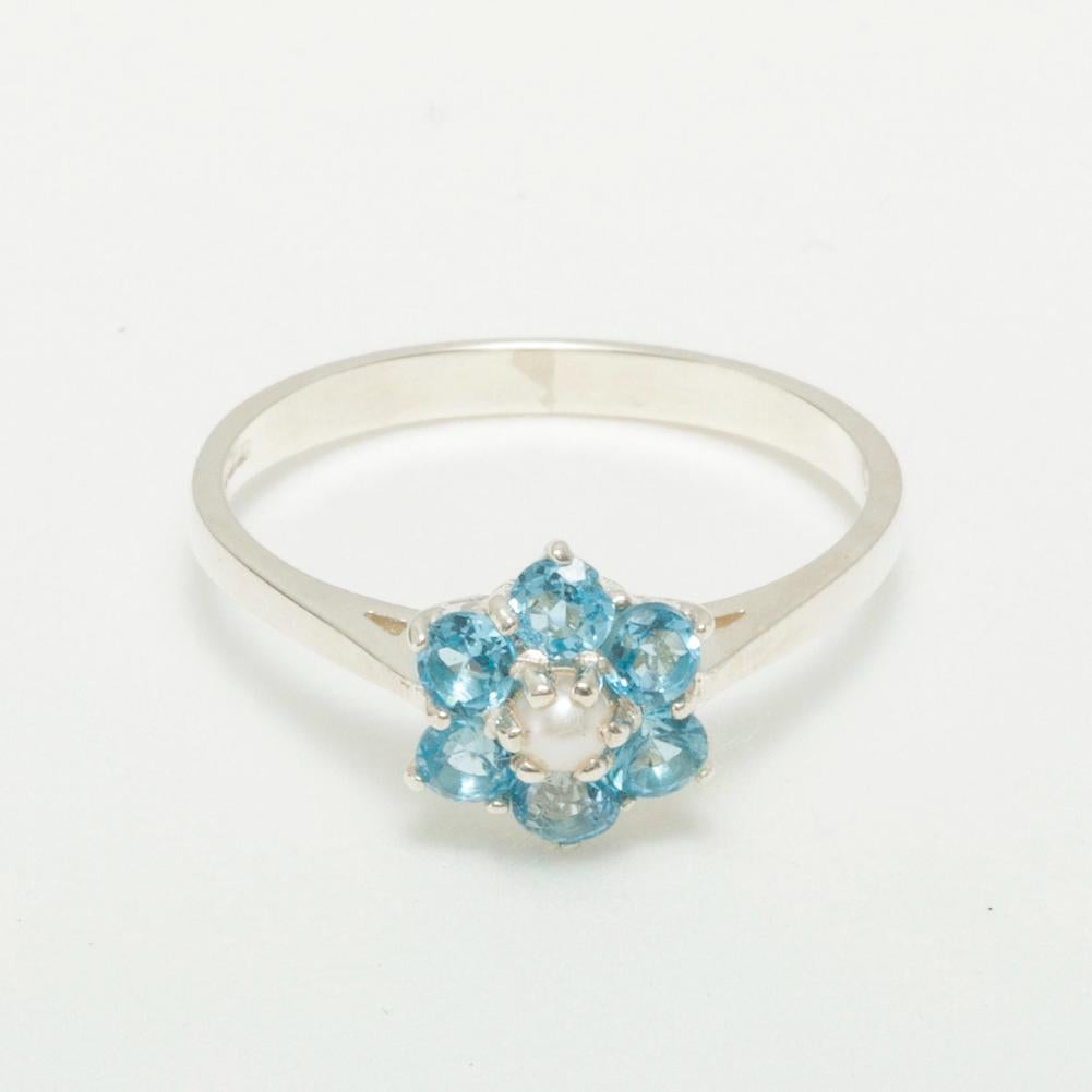 For Sale:  10k White Gold Pearl & Blue Topaz Womens Cluster Ring 5