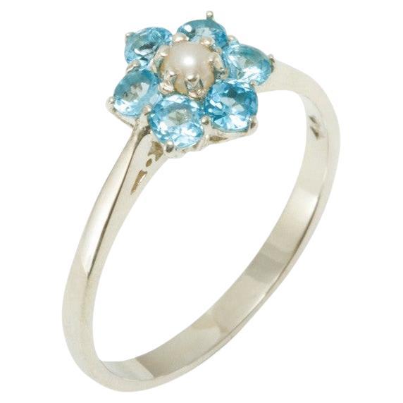 For Sale:  10k White Gold Pearl & Blue Topaz Womens Cluster Ring