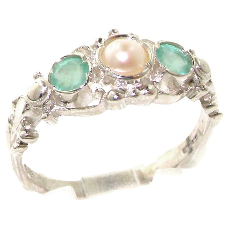 10K White Gold Pearl & Emerald Womens Georgian Inspired Trilogy Ring